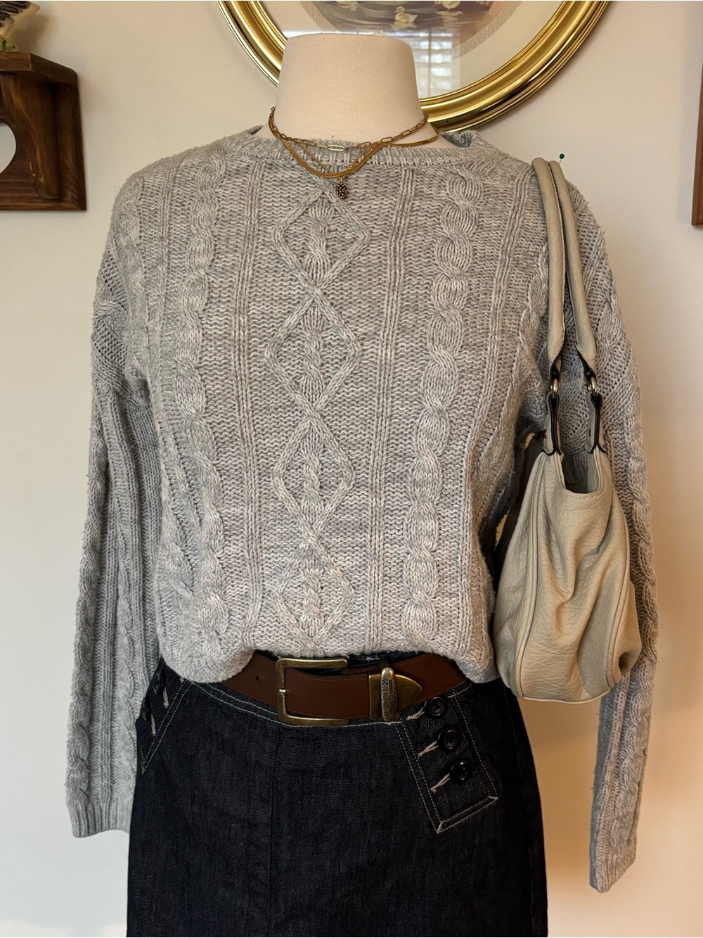 Garage Light Gray Cable Knit Crewneck Sweater